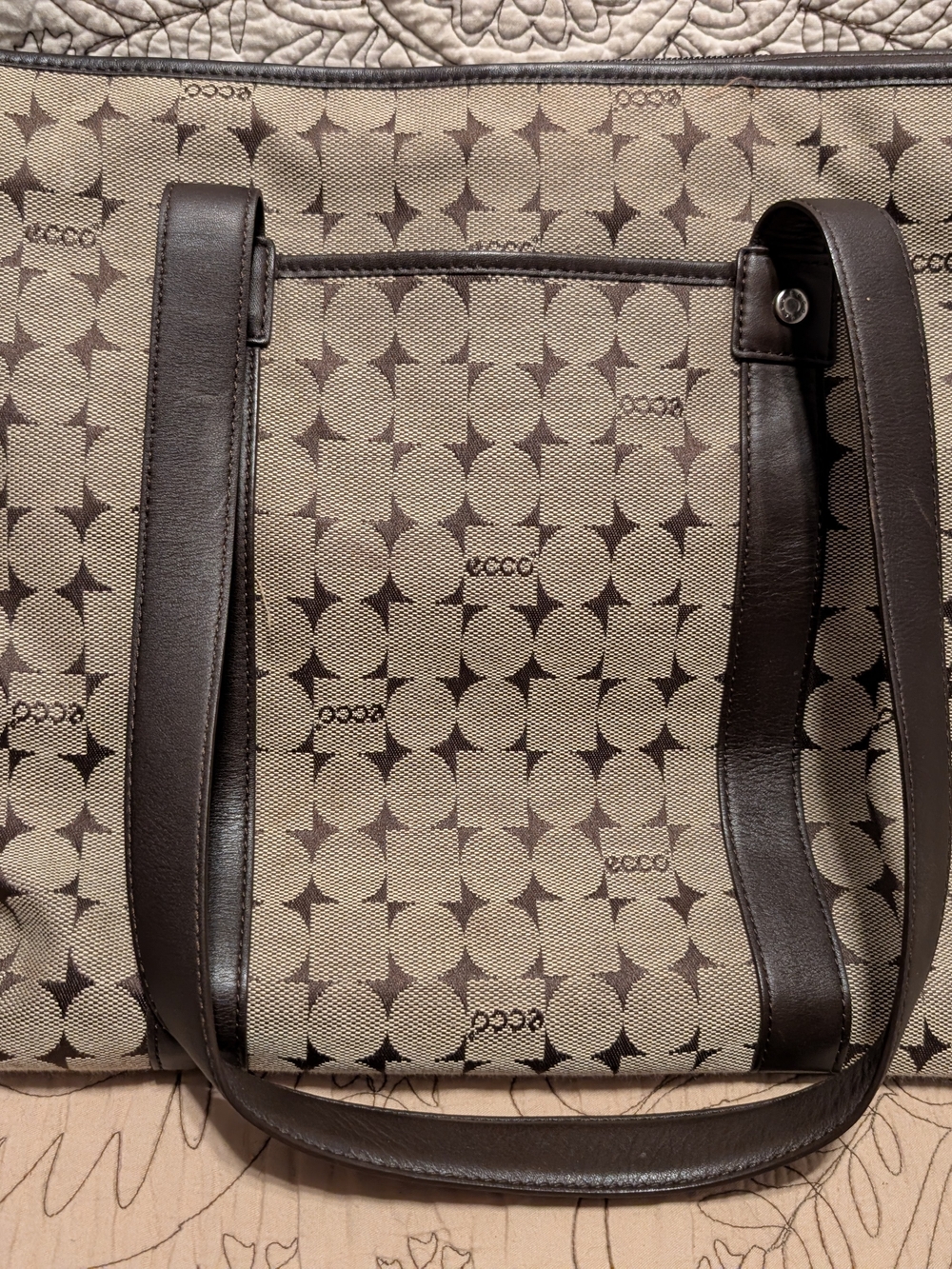 ECCO Beige Canvas Tote with Brown Leather Trim